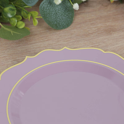 10-Pack Plastic Round Dessert Plates 8" Lavender Lilac with Gold Scalloped Rim - Disposable Appetizer/Salad Plates
