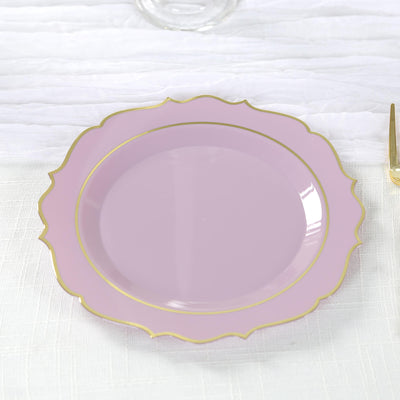 10-Pack Plastic Round Dessert Plates 8" Lavender Lilac with Gold Scalloped Rim - Disposable Appetizer/Salad Plates