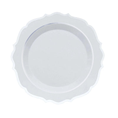 10-Pack Plastic Round Dessert Plates 8" White with Silver Scalloped Rim - Disposable Appetizer/Salad Plates