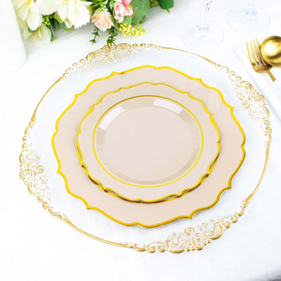 10-Pack Plastic Round Dessert Plates 8" Taupe with Gold Scalloped Rim - Disposable Appetizer/Salad Plates