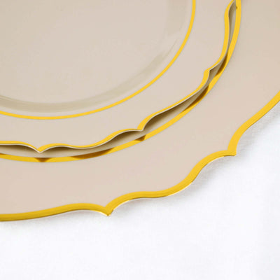 10-Pack Plastic Round Dessert Plates 8" Taupe with Gold Scalloped Rim - Disposable Appetizer/Salad Plates