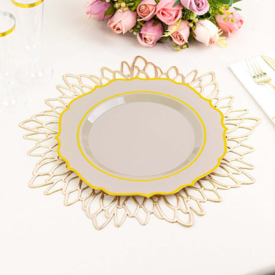 10-Pack Plastic Round Dessert Plates 8" Taupe with Gold Scalloped Rim - Disposable Appetizer/Salad Plates