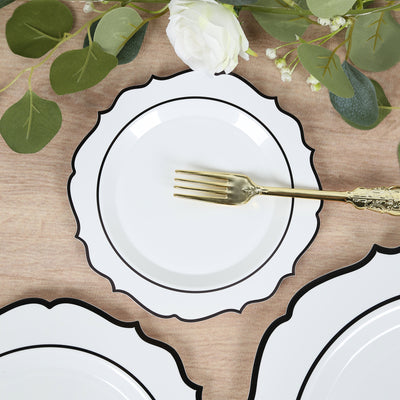 10-Pack Plastic Round Dessert Plates 8" White with Black Scalloped Rim - Disposable Appetizer/Salad Plates