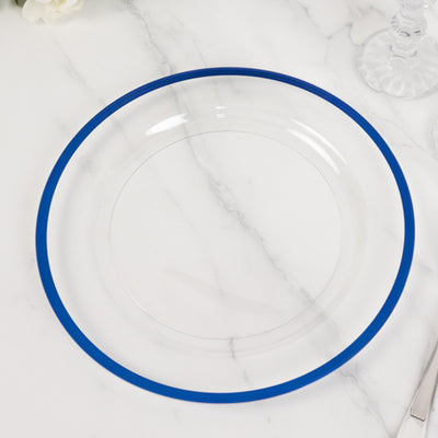 10-Pack Plastic Round Dinner Plates 10" Clear with Blue Rim - Sleek Disposable Party Plates