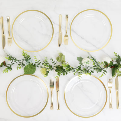 10-Pack Plastic Round Dinner Plates 10" Clear with Gold Rim - Sleek Disposable Party Plates