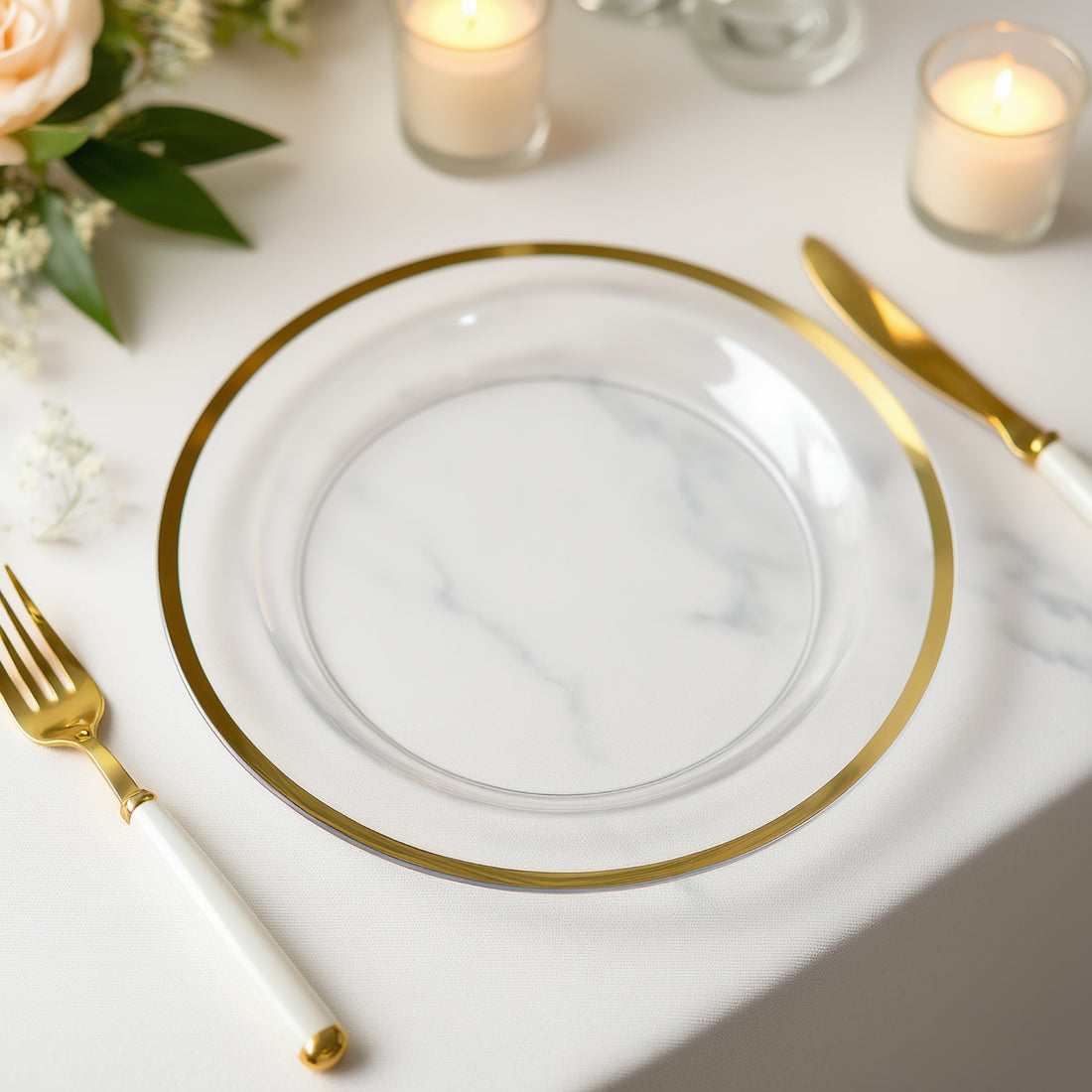 10-Pack Plastic Round Dinner Plates 10inch Clear with Gold Rim