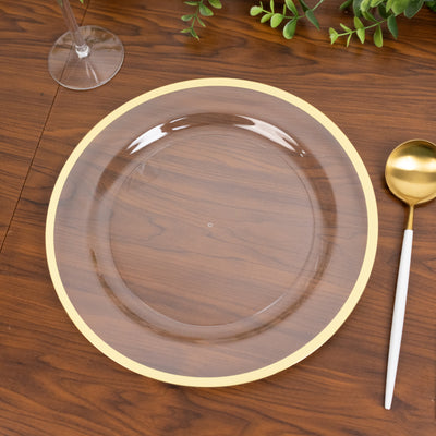 10-Pack Plastic Round Dinner Plates 10" Clear with Gold Rim - Sleek Disposable Party Plates