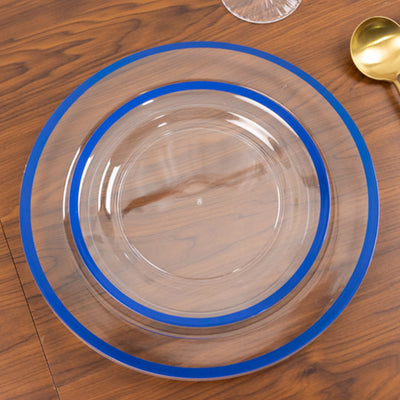 10-Pack Plastic Round Appetizer Plates 7" Clear with Blue Rim - Classy Disposable Salad Plates