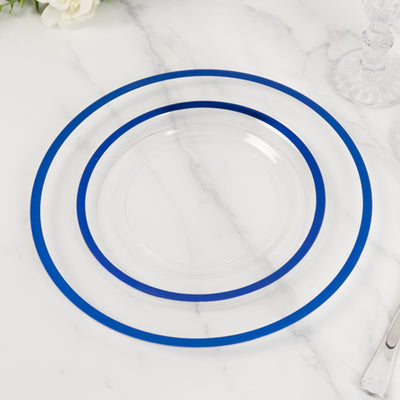 10-Pack Plastic Round Appetizer Plates 7" Clear with Blue Rim - Classy Disposable Salad Plates