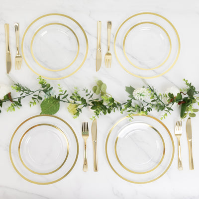10-Pack Plastic Round Appetizer Plates 7" Clear with Gold Rim - Classy Disposable Salad Plates