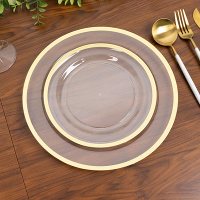 10-Pack Plastic Round Appetizer Plates 7" Clear with Gold Rim - Classy Disposable Salad Plates