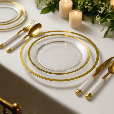 10-Pack Plastic Round Appetizer Plates 7" Clear with Gold Rim - Classy Disposable Salad Plates