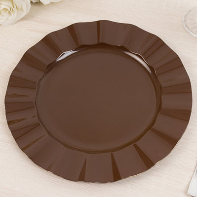 10-Pack Plastic Round Dinner Plates 11" Cinnamon Brown Ruffled Rim with Gold Edging - Heavy Duty Disposable Dinnerware