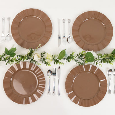 10-Pack Plastic Round Dinner Plates 11" Coffee Brown Ruffled Rim with Gold Edging - Heavy Duty Disposable Dinnerware