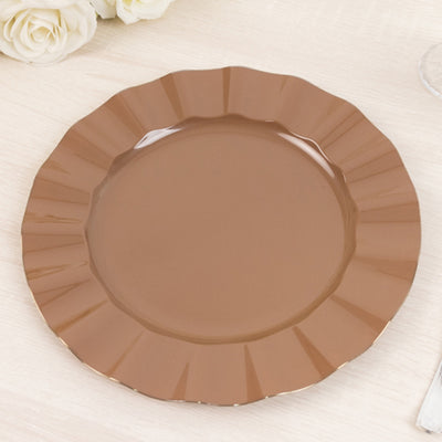 10-Pack Plastic Round Dinner Plates 11" Coffee Brown Ruffled Rim with Gold Edging - Heavy Duty Disposable Dinnerware