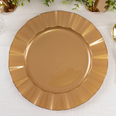 10-Pack Plastic Round Dinner Plates 11" Gold With Ruffled Rim - Heavy Duty Disposable Dinnerware for Upscale Buffets & Catered Events