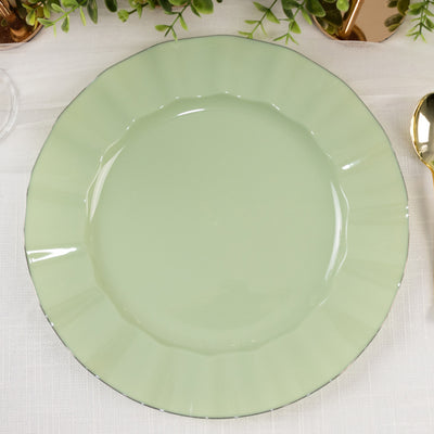 10-Pack Plastic Round Dinner Plates 11" Sage Green Ruffled Rim with Gold Edging - Heavy Duty Disposable Dinnerware