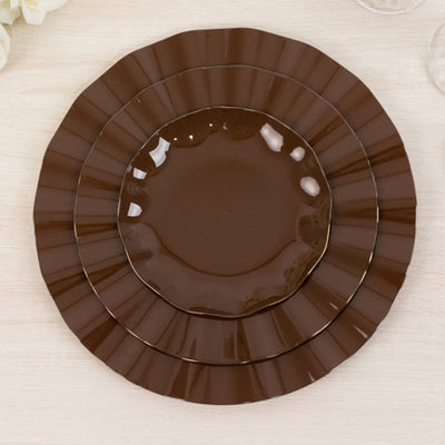 10-Pack Plastic Round Dessert Plates 6" Cinnamon Brown Ruffled Rim with Gold Edging - Heavy Duty Disposable Salad Appetizer Dinnerware
