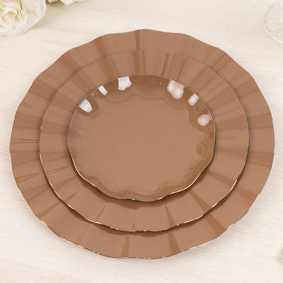 10-Pack Plastic Round Dessert Plates 6" Coffee Brown Ruffled Rim with Gold Edging - Heavy Duty Disposable Salad Appetizer Dinnerware