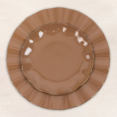 10-Pack Plastic Round Dessert Plates 6" Coffee Brown Ruffled Rim with Gold Edging - Heavy Duty Disposable Salad Appetizer Dinnerware
