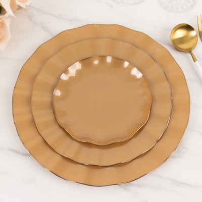 10-Pack Plastic Round Dessert Plates 6" Gold with Ruffled Rim - Heavy Duty Disposable Salad Appetizer Dinnerware for Upscale Buffets & Catered Events