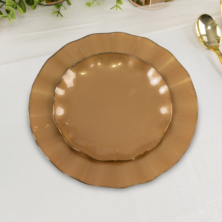 10 Pack Gold Hard Plastic Dessert Plates with Ruffled Rim, Heavy Duty Disposable Salad