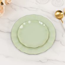 10 Pack Sage Green Hard Plastic Dessert Plates with Gold Ruffled Rim, Heavy Duty