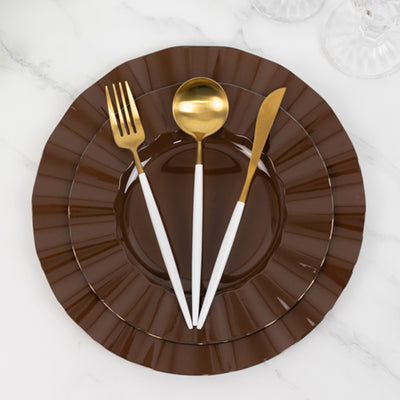 10-Pack Plastic Round Dinner Plates 9" Cinnamon Brown Ruffled Rim with Gold Edging - Heavy Duty Disposable Dinnerware