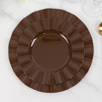 10-Pack Plastic Round Dinner Plates 9" Cinnamon Brown Ruffled Rim with Gold Edging - Heavy Duty Disposable Dinnerware