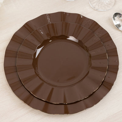 10-Pack Plastic Round Dinner Plates 9" Cinnamon Brown Ruffled Rim with Gold Edging - Heavy Duty Disposable Dinnerware