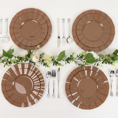 10-Pack Plastic Round Dinner Plates 9" Coffee Brown Ruffled Rim with Gold Edging - Heavy Duty Disposable Dinnerware