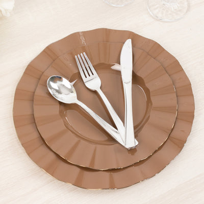 10-Pack Plastic Round Dinner Plates 9" Coffee Brown Ruffled Rim with Gold Edging - Heavy Duty Disposable Dinnerware