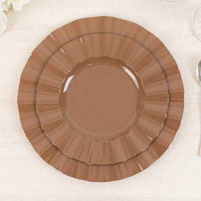 10-Pack Plastic Round Dinner Plates 9" Coffee Brown Ruffled Rim with Gold Edging - Heavy Duty Disposable Dinnerware