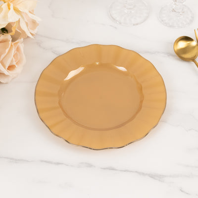 10-Pack Plastic Round Dinner Plates 9" Gold with Ruffled Rim - Heavy Duty Disposable Dinnerware for Upscale Buffets & Catered Events