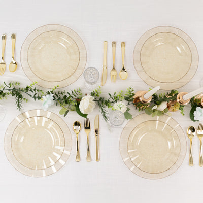 10-Pack Plastic Round Dinner Plates 9" Gold Glitter with Ruffled Rim - Transparent Heavy Duty Disposable Dinnerware