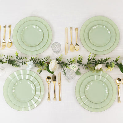 10-Pack Plastic Round Dinner Plates 9" Sage Green Ruffled Rim with Gold Edging - Heavy Duty Disposable Dinnerware