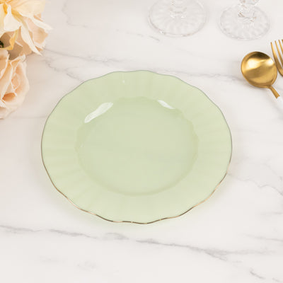 10-Pack Plastic Round Dinner Plates 9" Sage Green Ruffled Rim with Gold Edging - Heavy Duty Disposable Dinnerware