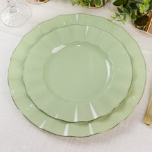 10 Pack Sage Green Hard Plastic Dinner Plates with Gold Ruffled Rim, Heavy Duty Disposable