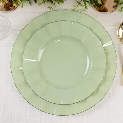 10-Pack Plastic Round Dinner Plates 9" Sage Green Ruffled Rim with Gold Edging - Heavy Duty Disposable Dinnerware