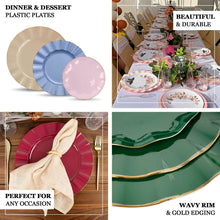 10 Pack Gold Hard Plastic Dessert Plates with Ruffled Rim, Heavy Duty Disposable Salad