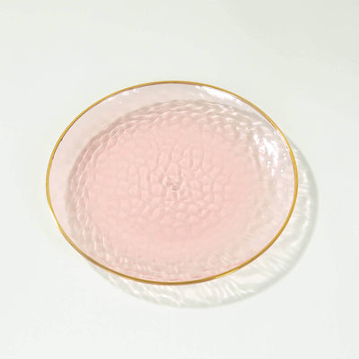 10-Pack Plastic Round Dessert Appetizer Plates 7" Transparent Blush Hammered Design with Gold Rim - Modern Disposable Salad Plates