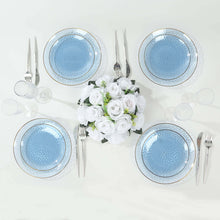 10 Pack Transparent Dusty Blue Hammered Plastic Dessert Plates with Gold Rim