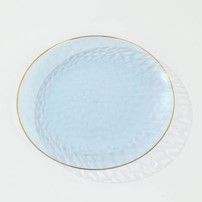 10-Pack Plastic Round Dessert Appetizer Plates 7" Transparent Dusty Blue Hammered Design with Gold Rim - Modern Disposable Salad Plates