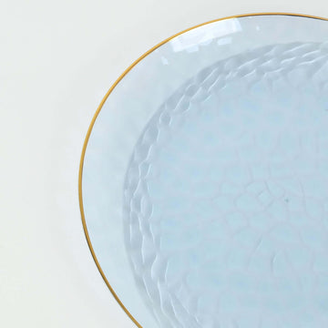 <h3 style="margin-left:0px;"><strong>Transparent Dusty Blue Gold Rimmed Hammered Round Plastic Plates</strong>