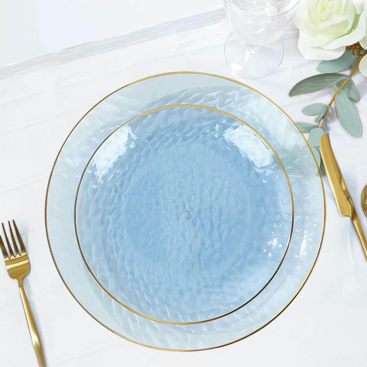 10 Pack Transparent Dusty Blue Hammered Plastic Dessert Plates with Gold Rim