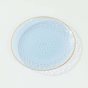 <h3 style="margin-left:0px;"><strong>Stunning Transparent Dusty Blue Hammered Plastic Dinner Plates with Gold Rim</strong>