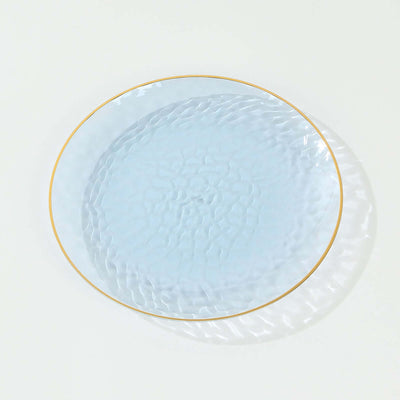 10-Pack Plastic Round Dinner Plates 9" Transparent Dusty Blue Hammered Design with Gold Rim - Modern Disposable Party Plates