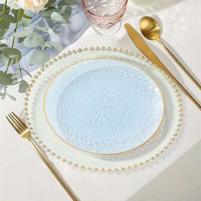 10-Pack Plastic Round Dinner Plates 9" Transparent Dusty Blue Hammered Design with Gold Rim - Modern Disposable Party Plates
