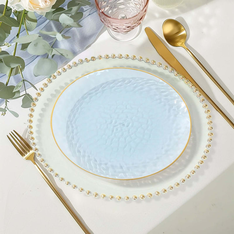 10 Pack Transparent Dusty Blue Hammered Plastic Dinner Plates With Gold Rim, Round Disposable Party 