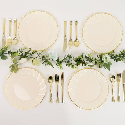 10-Pack Plastic Round Dinner Plates 10" Ivory with Gold Flair Rim - Disposable Party Plates for Classy Events & Celebrations